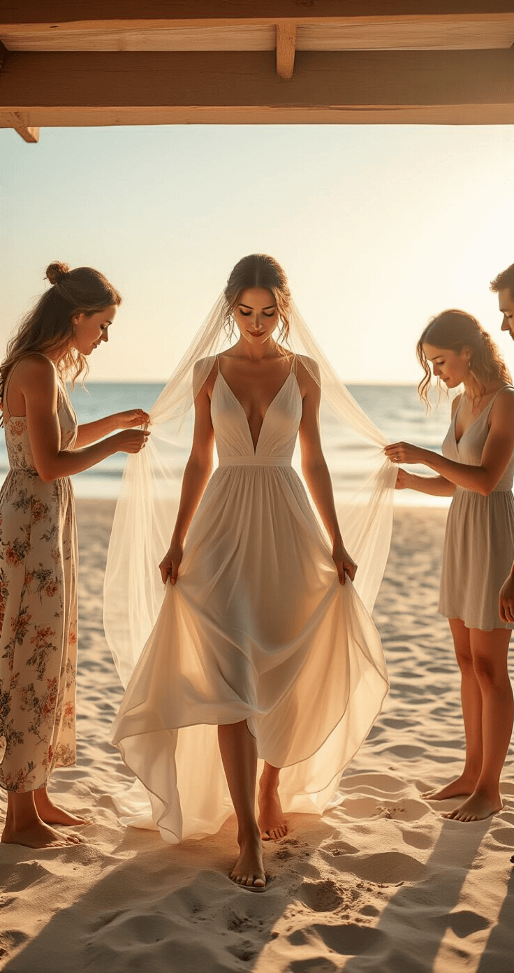 Beach Wedding Dresses: Your Ultimate Guide to Coastal Bridal Style A bride in a tea-length chiffon dress practices walking on the sand during her beach wedding preparation, while a styling assistant adjusts her tulle veil and another steams the dress hem, all bathed in golden morning light.