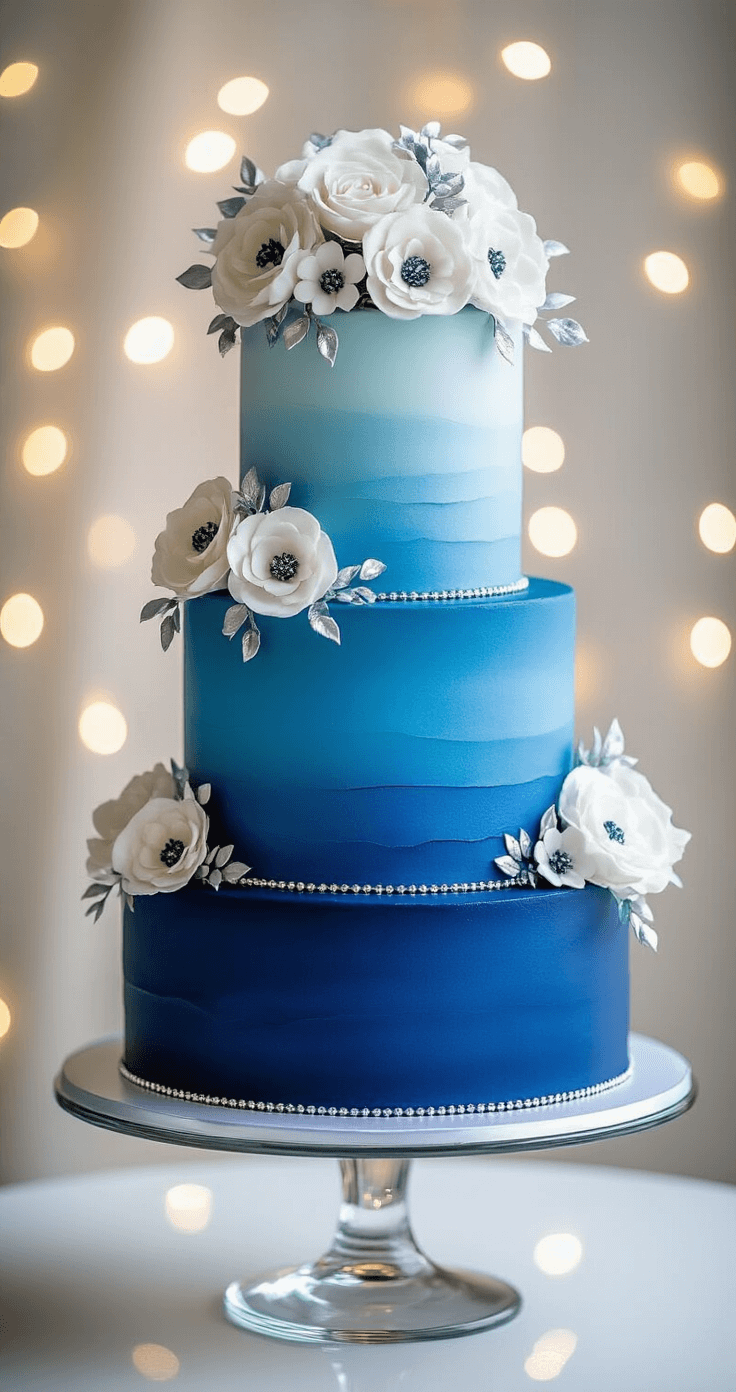 A brightly lit indoor studio image of a 5-tier blue ombre wedding cake, transitioning from sky blue to deep sapphire, with sugar flower decorations in white and silver. The cake is displayed on a glass stand with a mirror base, reflecting the cake, while bokeh fairy lights provide a soft illuminated background.