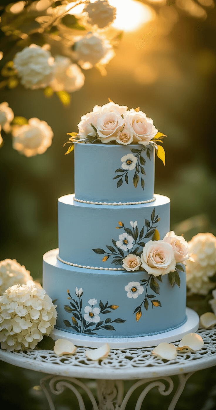 A three-tier dusty blue cake adorned with hand-painted botanical details and edible gold leaf accents sits on an antique white iron table in an intimate garden setting, surrounded by fresh hydrangeas and scattered rose petals, framed by flowering branches in warm golden hour light.