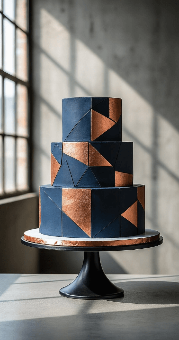 A modern industrial loft with strong directional window light illuminating a hexagonal navy and copper cake on a black metal stand, featuring geometric patterns and metallic copper leaf, set against a concrete backdrop, photographed from slightly above at f/4 to highlight architectural details and dramatic shadows.