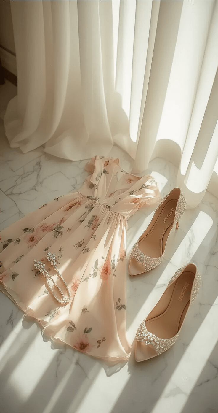 A bright boutique dressing room featuring marble floors and sheer white curtains, showcasing a pastel floral silk chiffon midi dress, blush satin heels, pearl drop earrings, and a crystal-embellished hairpin arranged aesthetically with soft shadows and diffused natural lighting.
