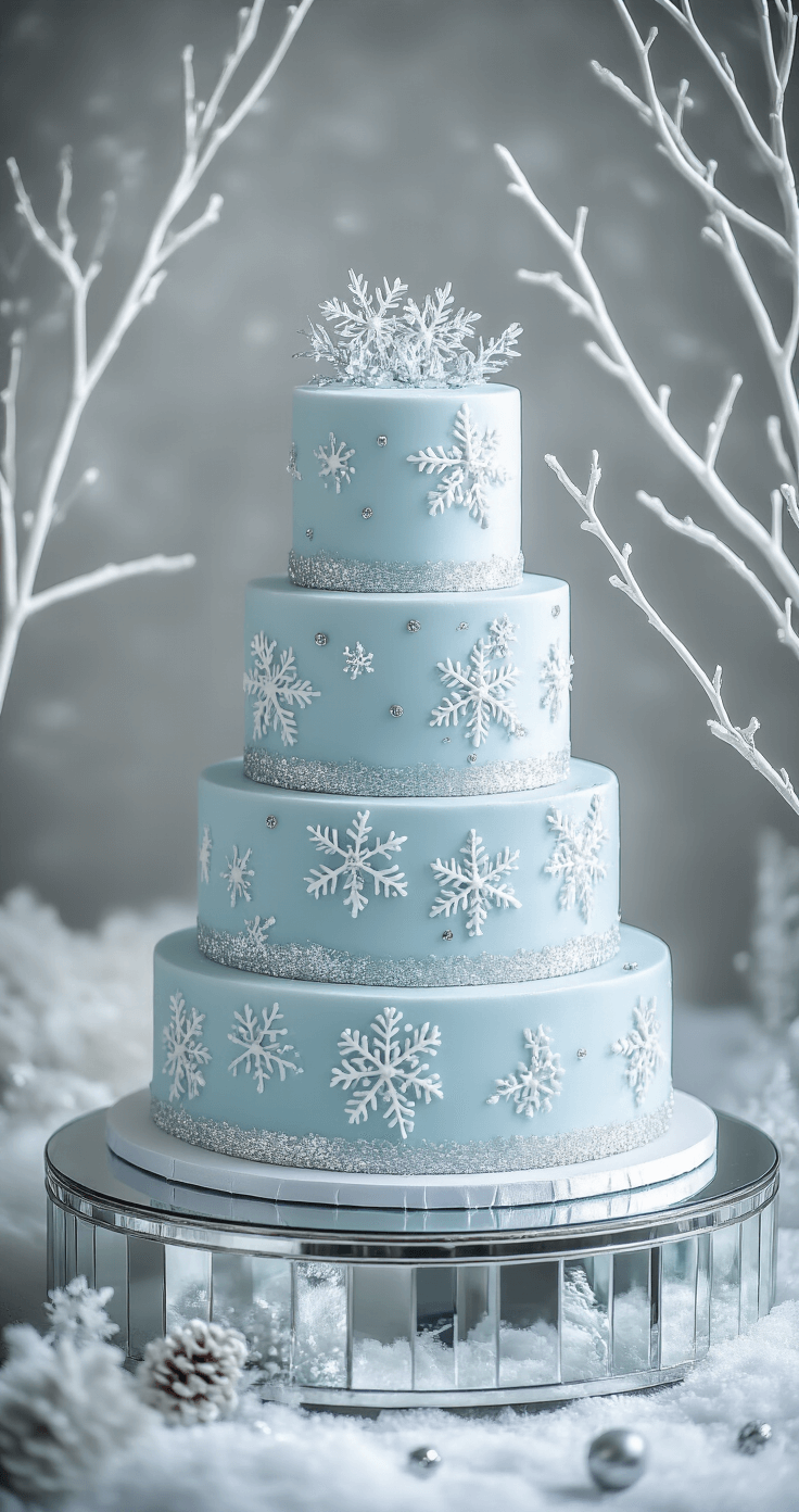 A 4-tier ice blue cake adorned with sugar crystals, silver dragées, and white snowflake patterns is displayed on a mirrored platform in a winter wonderland setup. The scene is enhanced by cool studio lighting, white branches, and scattered crystals, all captured in sharp detail.