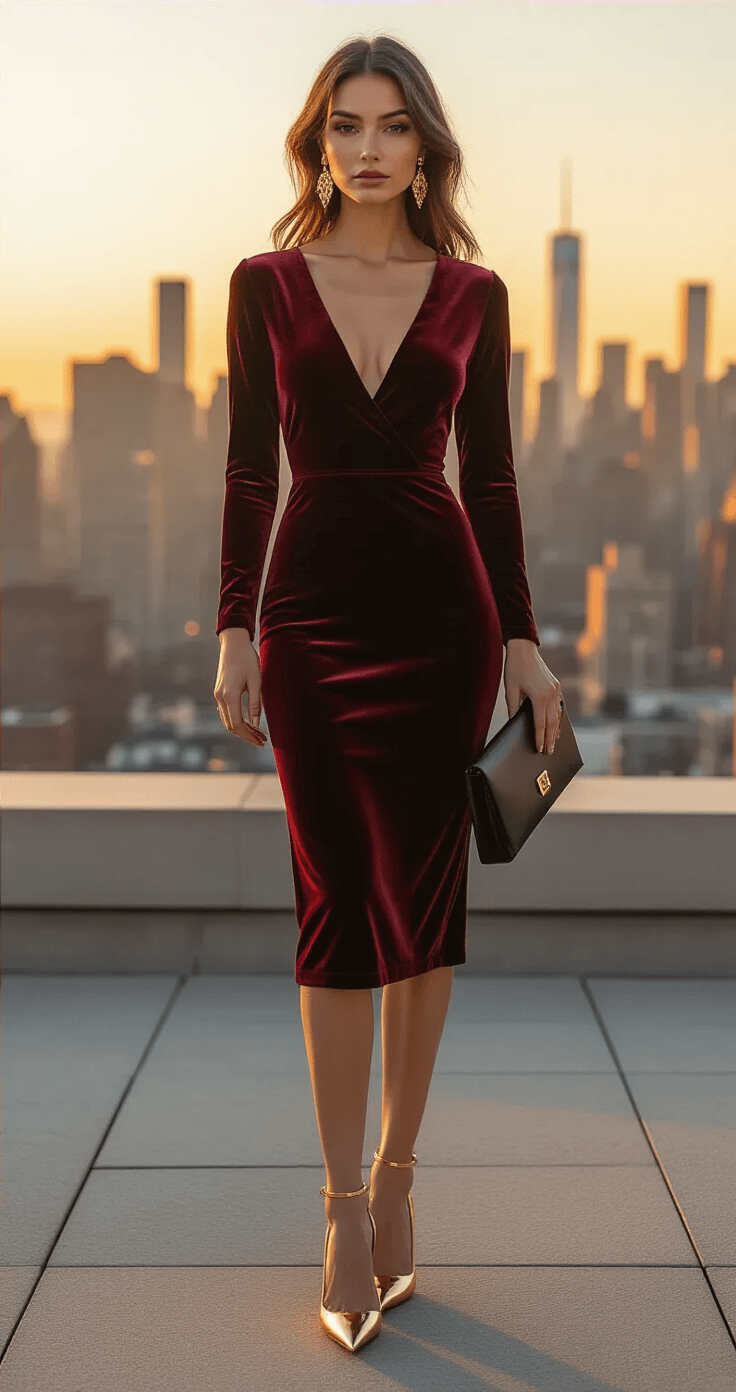 Model in deep burgundy velvet midi dress with long sleeves, accessorized with gold statement earrings, metallic pumps, and black leather clutch, posed on a modern urban rooftop at sunset with a city skyline backdrop and warm golden light.