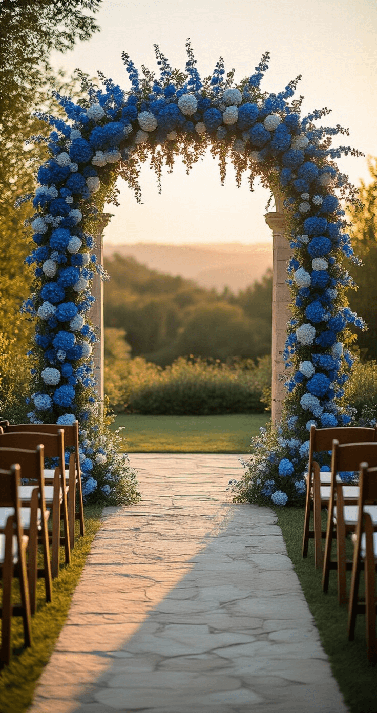 A stunning garden wedding setup featuring an 8-foot floral arch with blue delphiniums and hydrangeas, illuminated by fairy lights against a warm sunset sky, surrounded by vintage wooden chairs with small blue thistle and baby's breath posies.