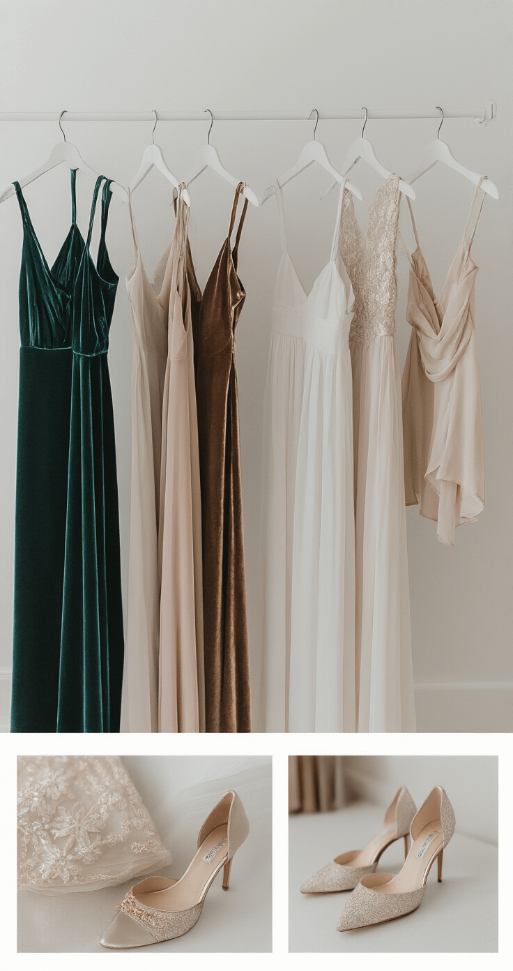 A minimalist white studio featuring a floating clothing rack displays a curated selection of jewel-toned wedding guest dresses, metallic accessories, and elegant footwear. The image captures close-up details of luxurious fabric textures like silk, velvet, and chiffon, with a wide angle establishing shot and macro inserts. Soft, even studio lighting enhances the aspirational closet vignette.