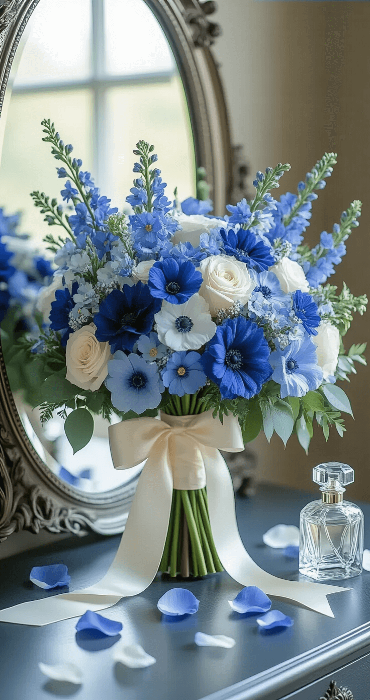 A bridal suite vanity vignette featuring an oversized hand-tied bouquet of blue flowers, including deep delphinium and pale forget-me-nots, wrapped in ivory silk ribbon. An antique silver mirror reflects soft window light, while scattered rose petals and crystal perfume bottles add romantic touches. The composition is captured from a 45-degree angle, highlighting the bouquet's details and its reflection against a backdrop of midnight blue to periwinkle hues.