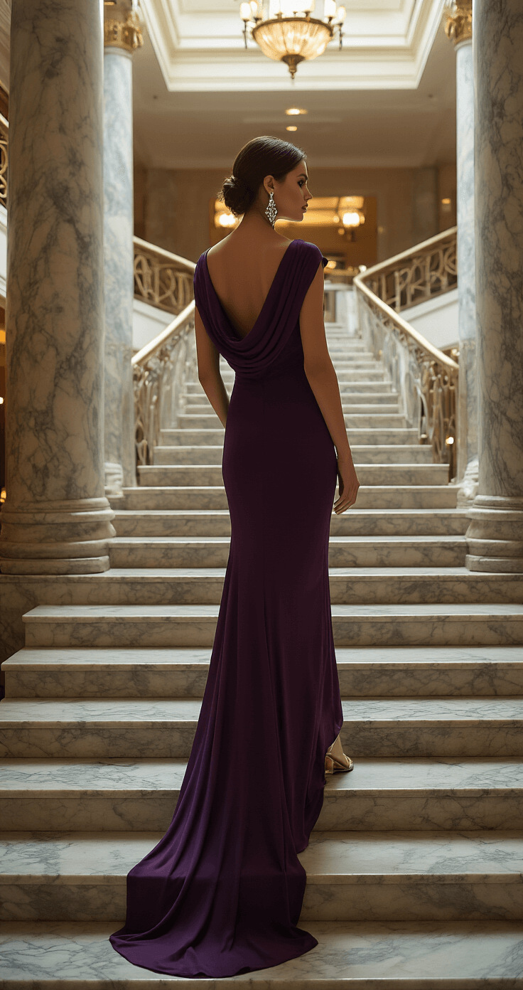 A model in a plum crepe gown with a cowl back ascends a grand staircase in a contemporary hotel lobby adorned with marble columns and art deco details, illuminated by dramatic natural light highlighting her crystal drop earrings and metallic strappy sandals.