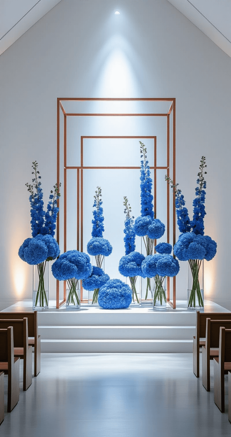 Modern minimalist church altar decorated with geometric copper frames holding blue flowers, including delphiniums and hydrangeas, against white walls. Dramatic uplighting creates shadows, with clear glass vessels featuring submerged flowers. Captured from the center aisle, highlighting architectural features in a cool white light.