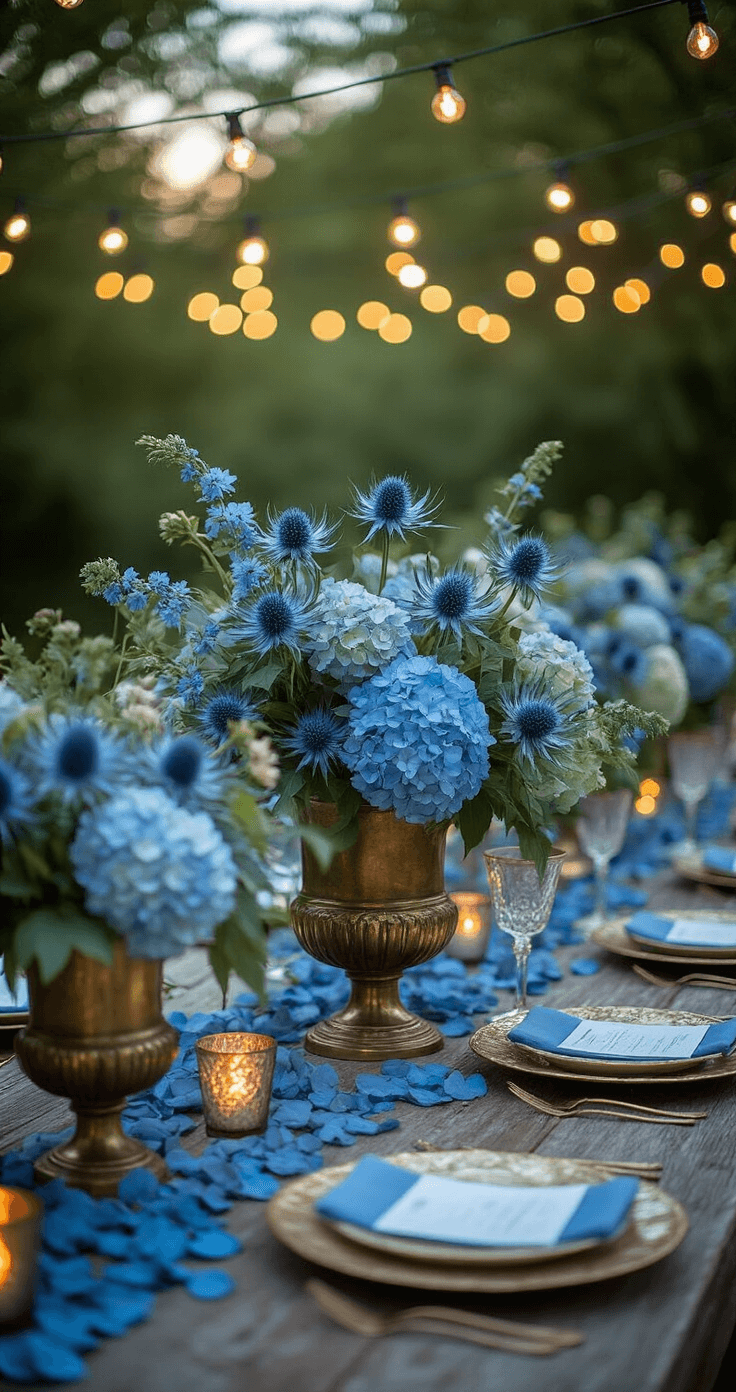 Vintage garden party cocktail setup featuring Victorian-inspired flower arrangements with blue thistle and hydrangeas in antique brass vessels on a weathered wood table, illuminated by string lights at dusk, with mercury glass votives and scattered blue petals adding to the romantic, nostalgic atmosphere.