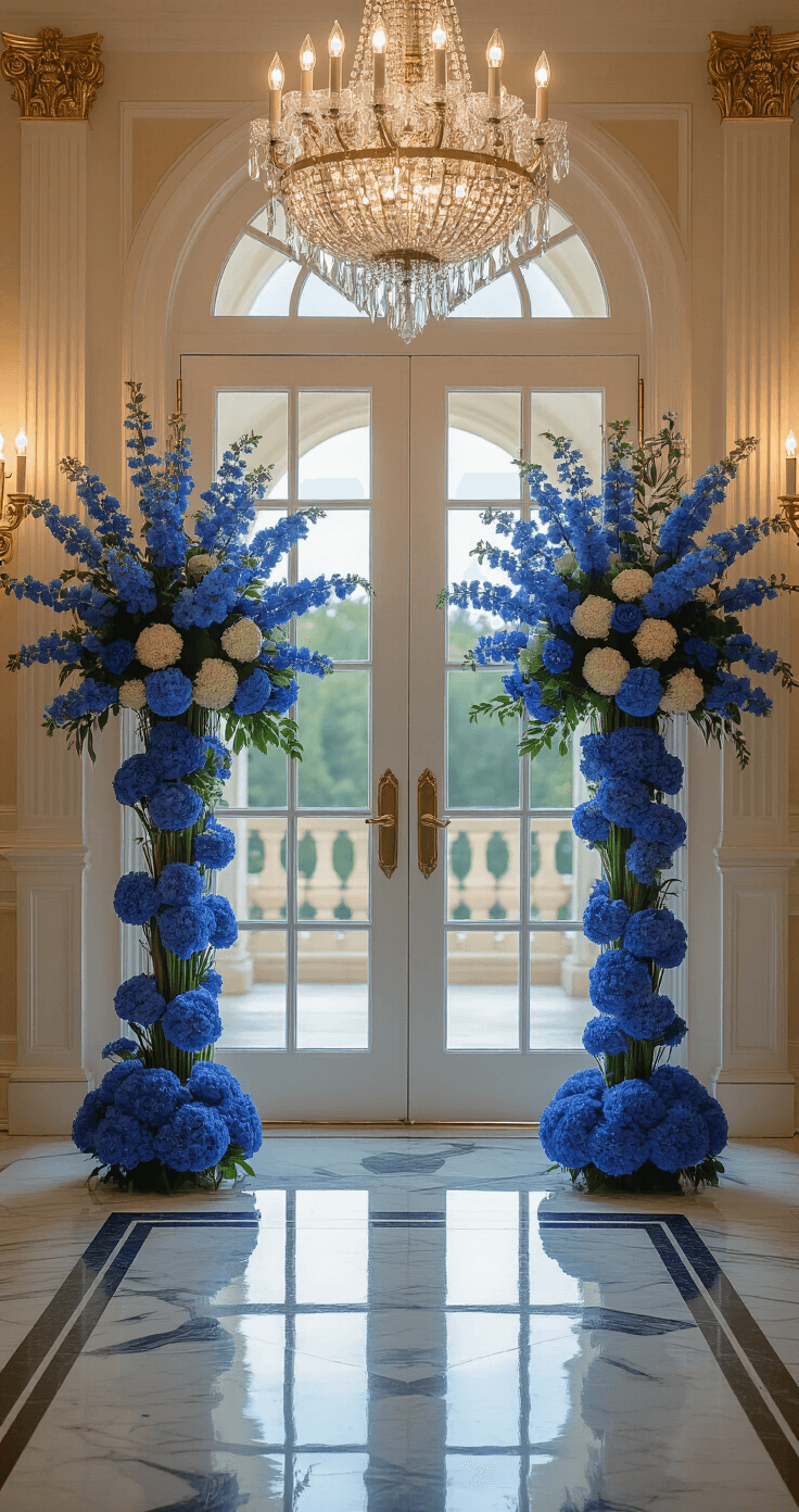 Luxurious ballroom entrance featuring twin tall blue floral arrangements of delphiniums and hydrangeas flanking grand double doors, with polished marble floors reflecting crystal chandeliers and gold-leaf mirrors, captured straight-on to highlight symmetry and evening lighting.