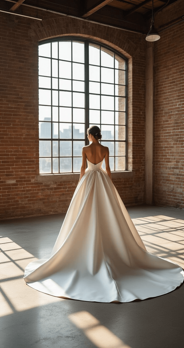 Simple Wedding Dresses: A Modern Bride's Guide to Minimalist Elegance A bride in a structured minimalist ballgown with a dramatic oversized bow stands in a modern industrial loft featuring exposed brick and steel windows, illuminated by late afternoon light that casts dramatic shadows, showcasing the luxurious texture of the dress.