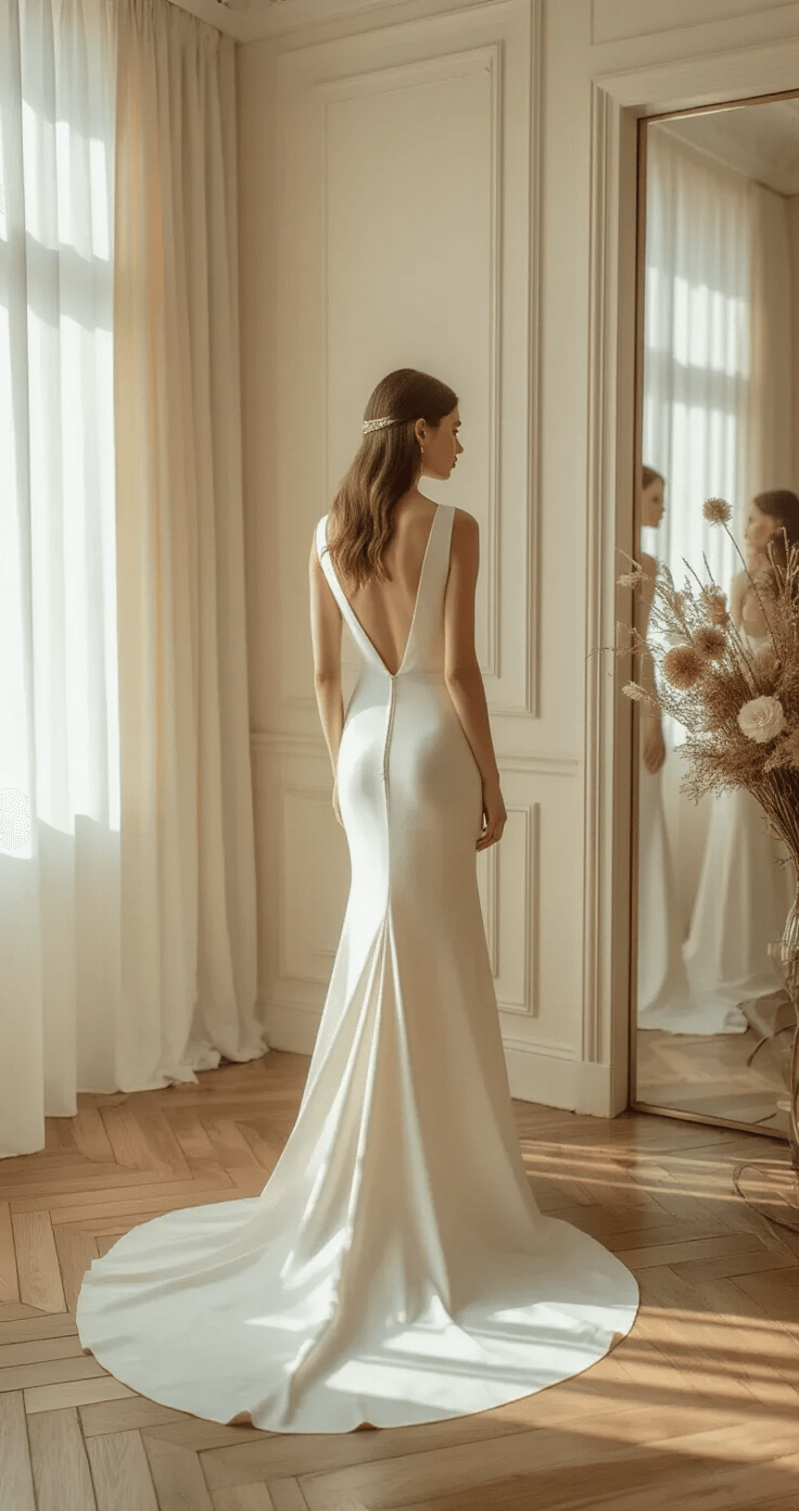 Simple Wedding Dresses: A Modern Bride's Guide to Minimalist Elegance Luxurious hotel suite featuring herringbone wood floors and cream walls, showcasing a bride in a minimalist crepe column dress reflected in floor-length mirrors, illuminated by soft morning light through sheer curtains, complemented by an abstract floral arrangement and delicate pearl hair accessory, captured from the door frame.