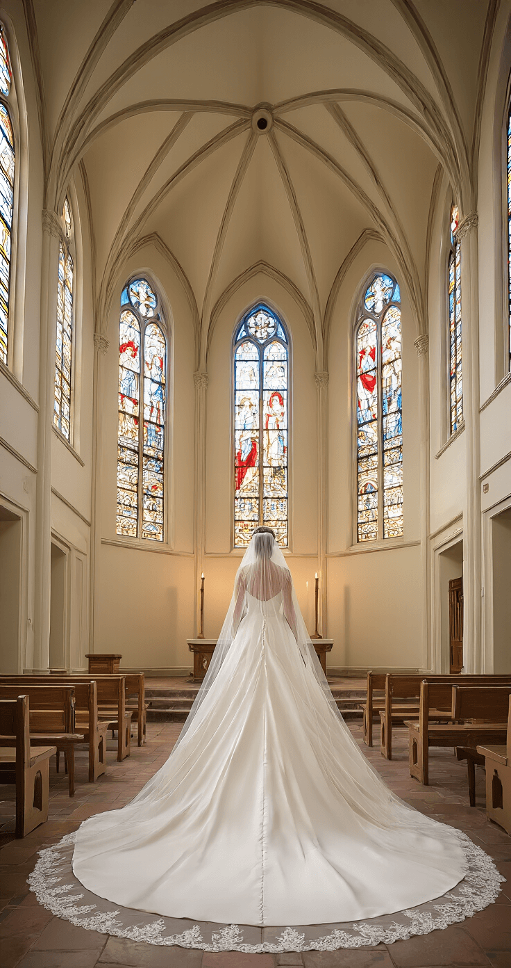 Simple Wedding Dresses: A Modern Bride's Guide to Minimalist Elegance A breathtaking interior of a historic chapel featuring a bride in a classic bateau neck A-line gown, illuminated by colorful light streaming through stained glass windows. The architectural elements frame the scene, while a simple cathedral-length veil cascades elegantly. Shot from a balcony perspective, emphasizing the grandeur and simplicity of the moment.