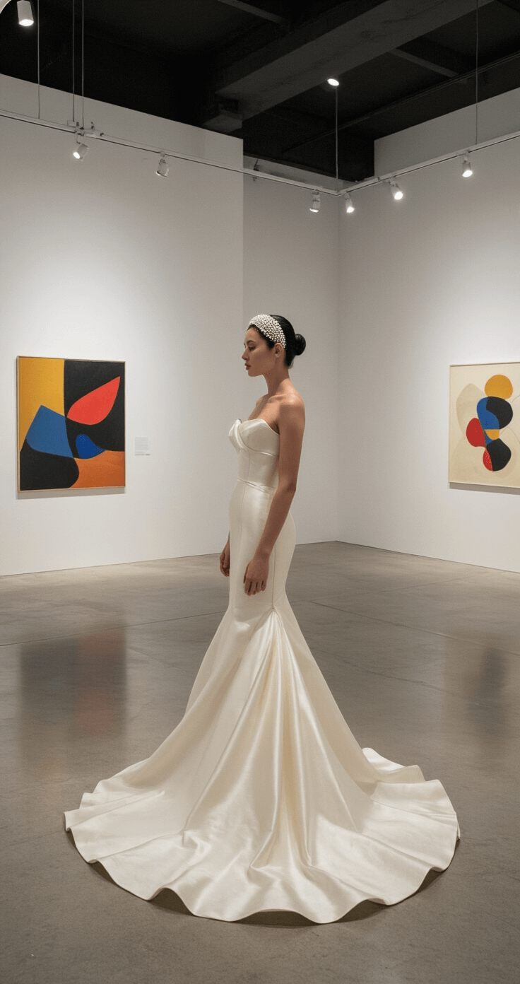 Simple Wedding Dresses: A Modern Bride's Guide to Minimalist Elegance A bride in a minimalist trumpet gown stands in a contemporary art gallery with white walls and polished concrete floors, highlighted by strategic spotlighting. The dress features architectural seaming and is complemented by a pearl-encrusted headband, while abstract art pieces provide a subtle color context in a symmetrical composition.