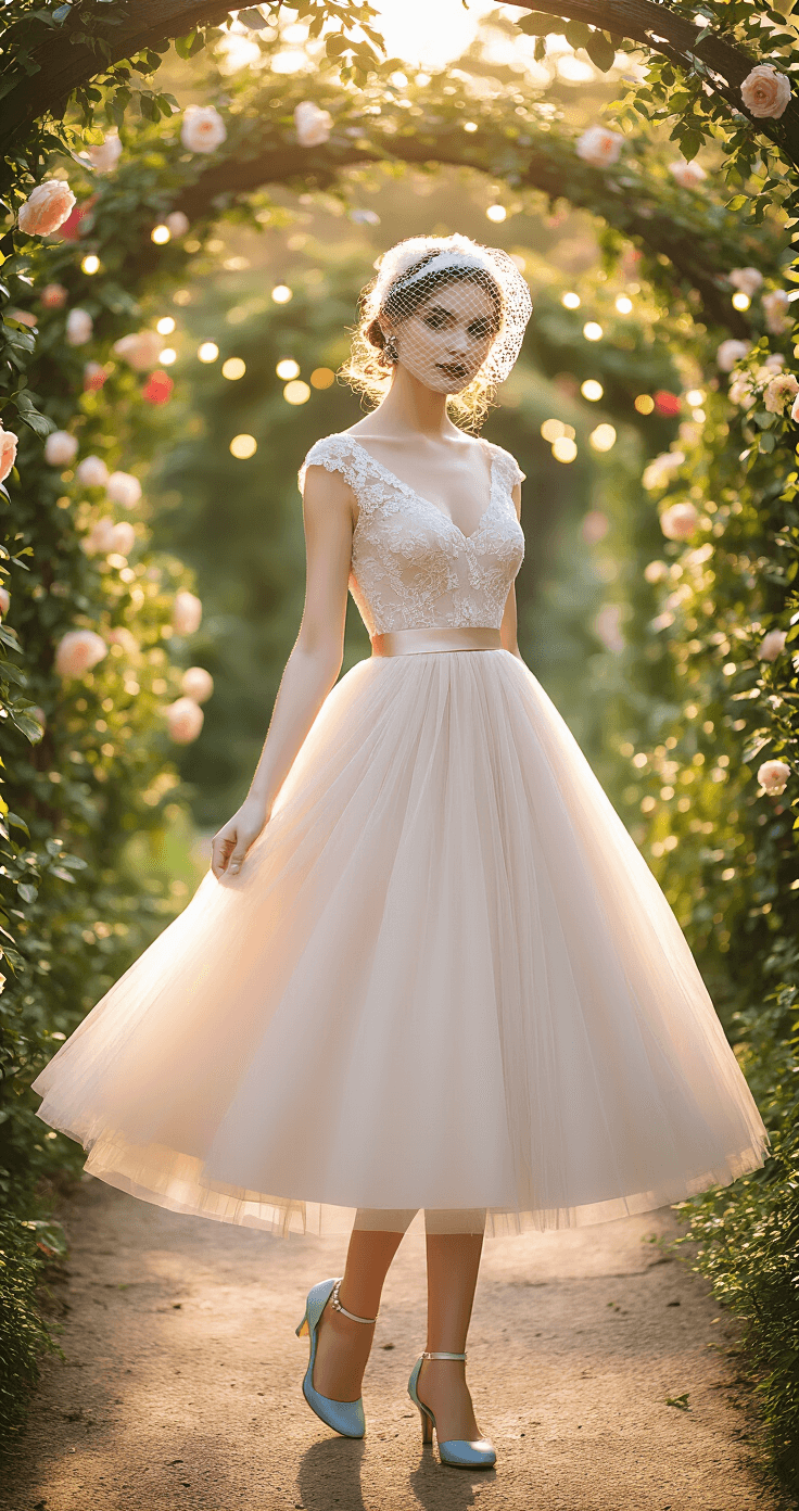 Bride in a tea-length tulle dress with lace overlay and satin ribbon, twirling in a vintage garden at golden hour, with pale blue ankle-strap kitten heels visible and a pearl-dotted birdcage veil, surrounded by dreamy bokeh from string lights.