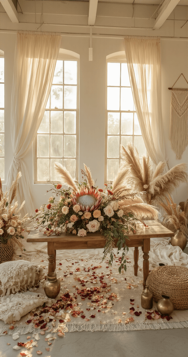 Boho wedding studio setup featuring a vintage wooden table with a lush bouquet of king protea, garden roses, and pampas grass, illuminated by golden hour light streaming through sheer curtains, with macramé wall hangings and vintage brass vessels in a warm, ethereal atmosphere.