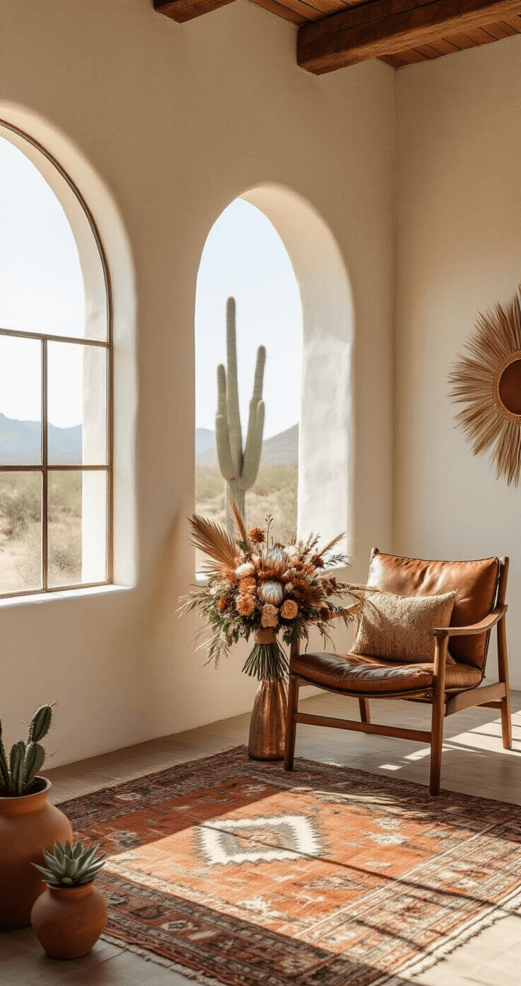 Desert Chic Bridal Suite featuring a large corner room with arched windows, whitewashed adobe walls, and early morning light casting geometric shadows. A weathered leather chair holds a desert-inspired bouquet with protea, dried palm leaves, and rust-colored dahlias. The scene includes layered Navajo rugs on wooden floors, copper mirrors, and terracotta pots with succulents, all rendered in an earth-toned color palette. The shot is from a low angle, highlighting the bouquet silhouette against the textured wall.