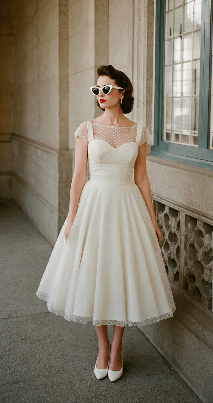 A bride in a 1950s-inspired tea-length dress with a sweetheart neckline and polka dot overlay stands in an intimate courthouse setting, wearing red lipstick and cat-eye sunglasses, with classic white pumps. The vintage-style camera angle captures the scene from slightly below eye level, with soft shadows cast by natural window light.