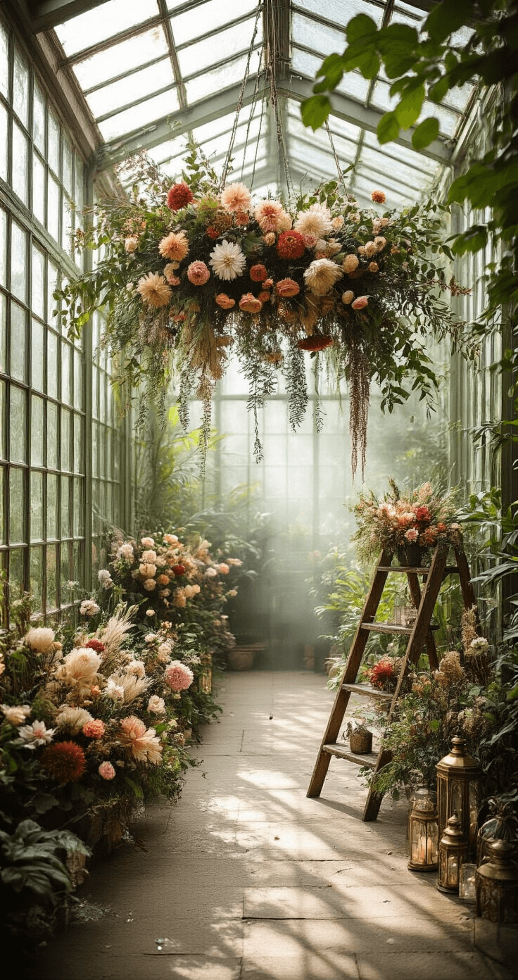 A wide-angle view of a Victorian greenhouse with glass panels and iron framework, showcasing a suspended floral installation of mixed dried and fresh flowers, including chrysanthemums and lotus pods. A vintage ladder displays bohemian bouquets amidst scattered crystals and brass lanterns, with dramatic midday light and humidity creating a misty, ethereal atmosphere.
