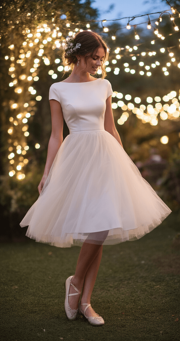 A joyful bride in a short A-line dress with a removable tulle overskirt dances at a garden reception during twilight, highlighting hidden pockets and subtle sparkle details. She wears crystal-embellished ballet flats and has a loose updo adorned with fresh flowers, with magical bokeh effects from string lights in the background capturing the enchanting atmosphere.
