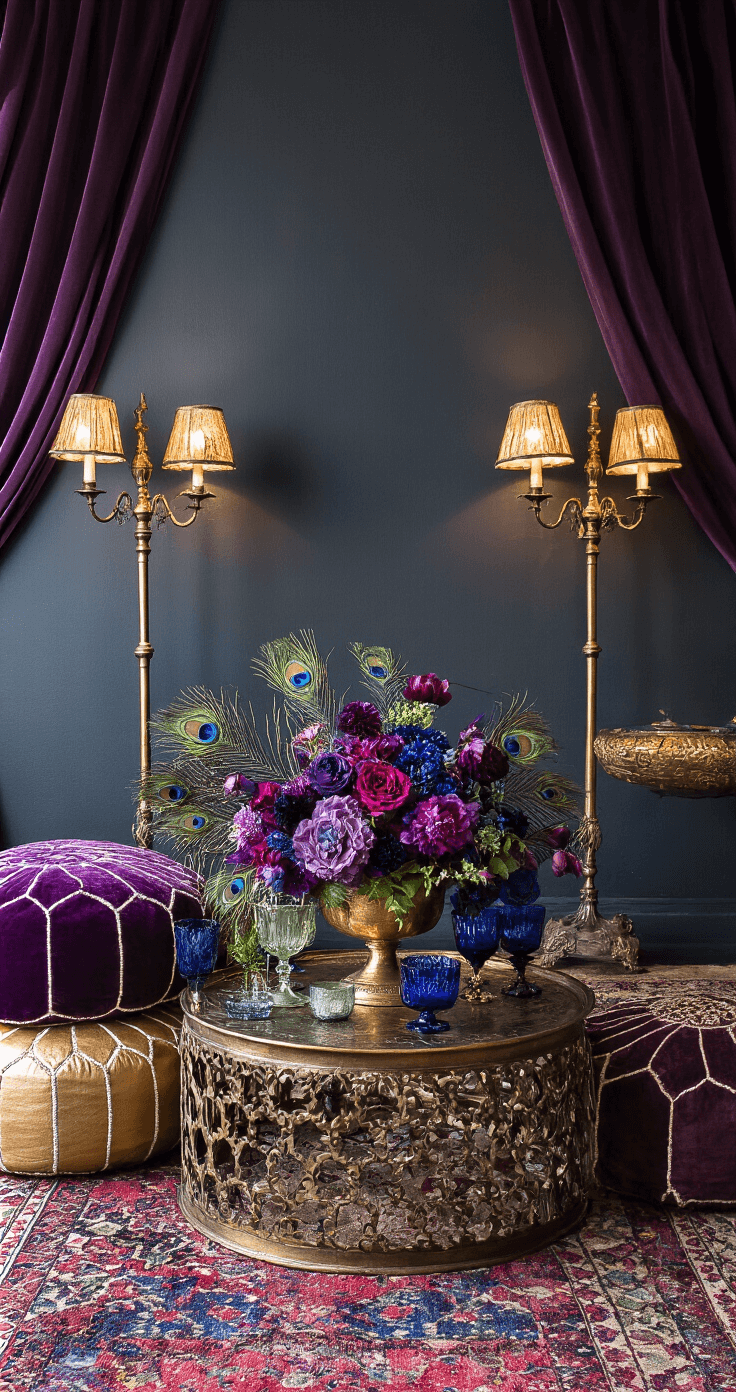 Intimate boho lounge featuring dark walls, velvet drapery, and dramatic side lighting. A deep purple and sapphire blue bouquet in a brass compote is surrounded by vintage jewel-toned glassware and peacock feathers, with Moroccan poufs and layered Oriental rugs completing the scene. The shot captures rich textile textures in moody, metallic-accented lighting.