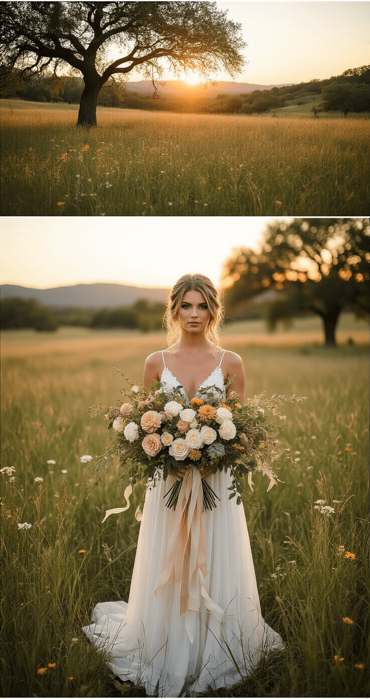 Bride in a meadowland during sunset, holding a large asymmetrical bouquet of garden roses and dahlias, surrounded by wild grasses and flowers, with a golden halo effect from soft backlight, ancient oak trees, and rolling hills in the background.
