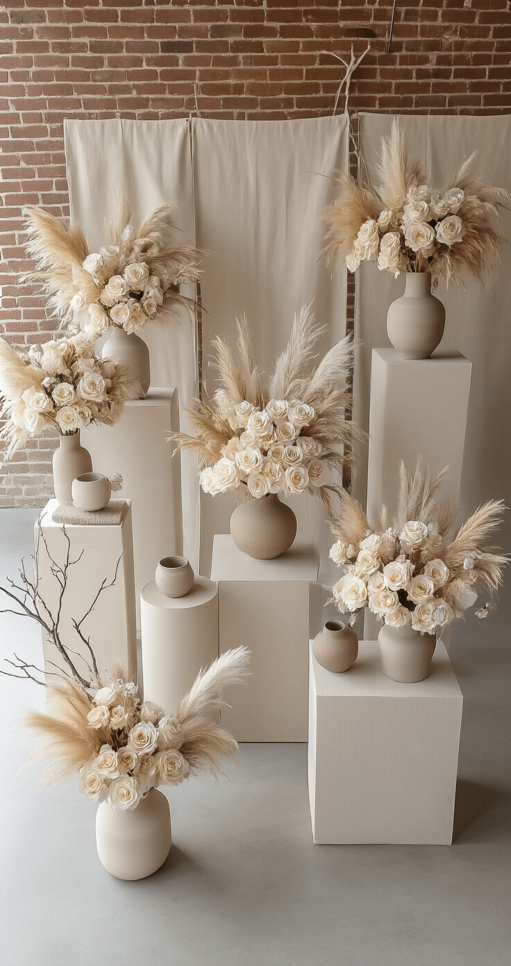 Aerial view of a modern loft space featuring multiple neutral-toned floral arrangements on varying pedestals, with exposed brick walls and concrete floors, complemented by linen panels and ceramic vessels in a minimalist design.
