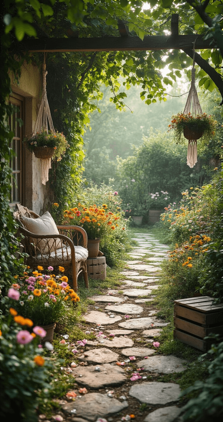 An overgrown cottage garden scene with stone pathways and climbing vines, featuring wildflower bouquets among vintage furniture, macramé plant hangers, and weathered wooden crates, captured at ground level with loose petals and scattered crystals in the foreground, illuminated by soft afternoon light through a tree canopy, with a pastel palette and a hint of fog.