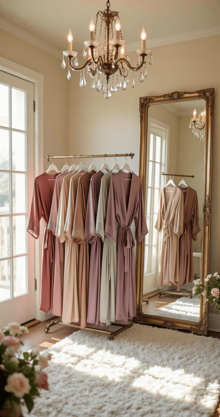 An airy vintage dressing room with warm chandelier light illuminates a clothing rack of six embroidered silk robes in shades of dusty rose to mauve, reflected in an antique mirror, complemented by plush white carpet and French doors, with fresh flowers and accessories for a lifestyle touch.