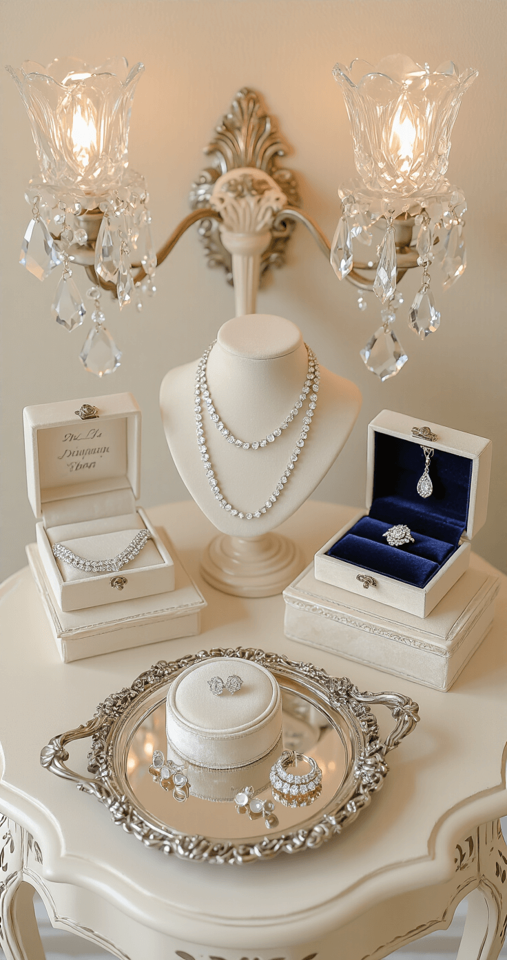 Overhead shot of a cream-toned boudoir featuring vintage-inspired jewelry displayed on antique silver trays, with delicate necklaces sparkling under crystal sconces. Personalized deep navy velvet jewelry boxes are open, revealing custom-engraved pieces, all captured in soft diffused lighting that highlights the metallic elements.