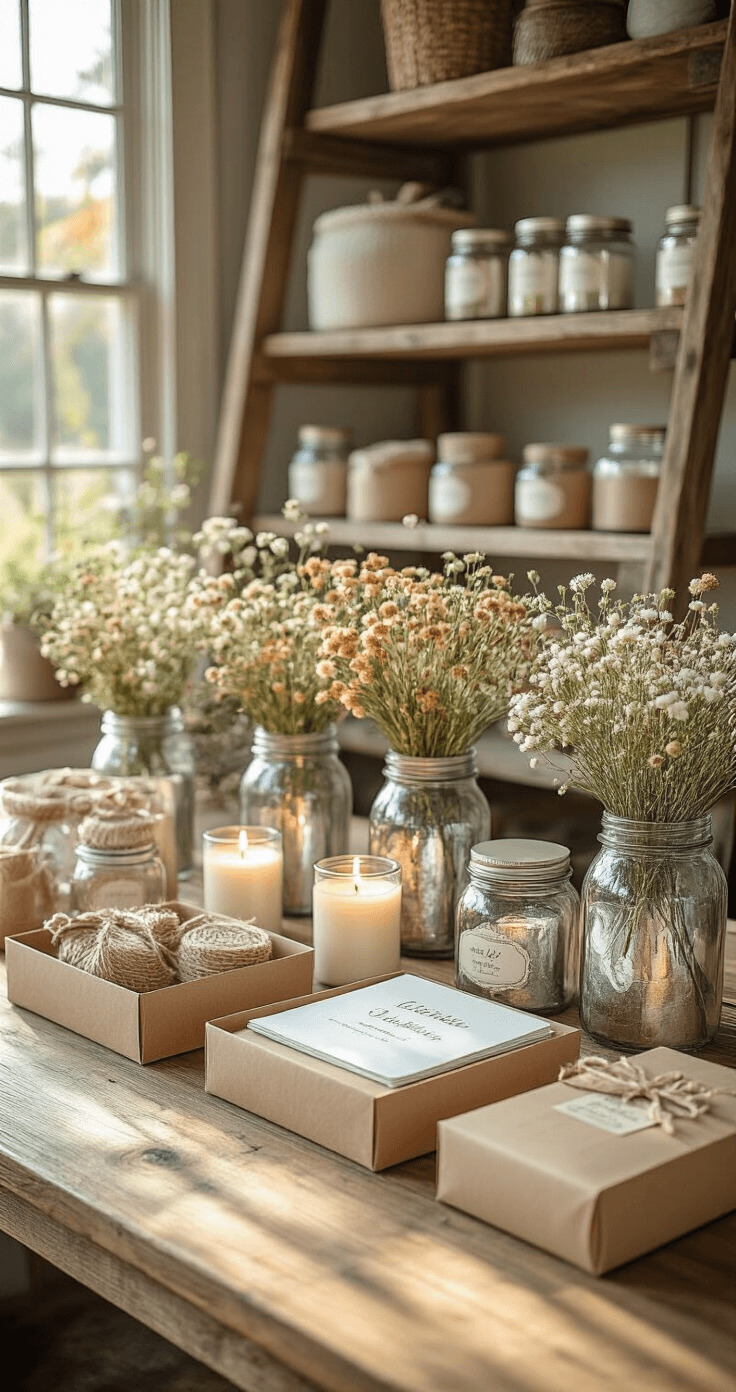 DIY gift station featuring a farmhouse table with handcrafted items, including mason jars of dried flowers, hand-poured candles in mercury glass, and personalized stationery in kraft packaging, all beautifully arranged. A vintage ladder shelf displays finished gifts, illuminated by warm afternoon sunlight that enhances the handmade quality of the scene. Shot at eye level with shallow depth of field.