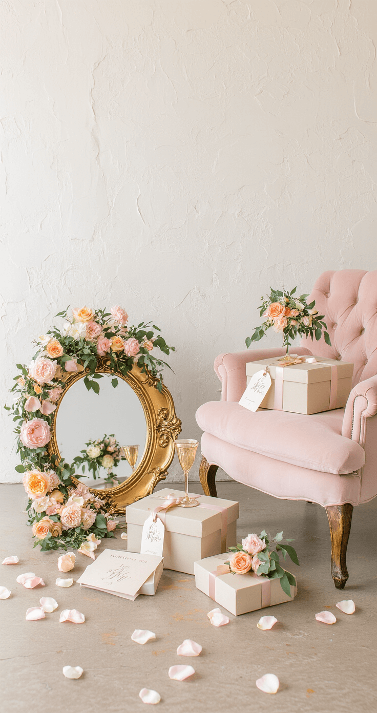 A beautifully styled 10'x10' reveal setup featuring a blush velvet armchair against a textured white wall. The scene includes individual gift boxes adorned with ribbon, fresh flowers, and calligraphed tags, alongside a vintage champagne coupe and scattered rose petals. A gilt-edge mirror reflects the golden hour lighting that creates a warm glow, enhancing the inviting atmosphere. The image captures multiple angles for social media content, with professional strobe lighting that mimics natural light.