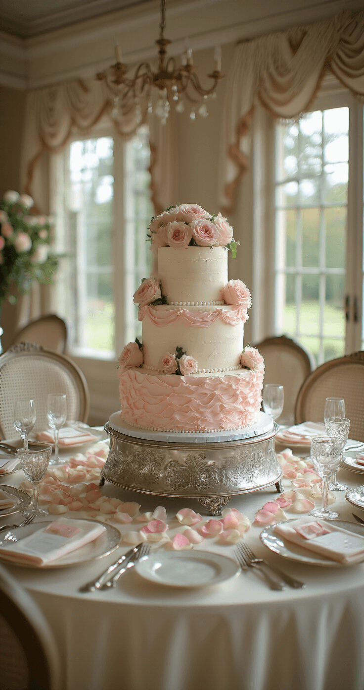 Elegant bridal shower venue with a vintage farmhouse table draped in ivory linen, featuring a 3-tier romantic cake with pale pink buttercream ruffles and fresh roses; surrounded by mercury glass votives and delicate china, bathed in soft late morning light.