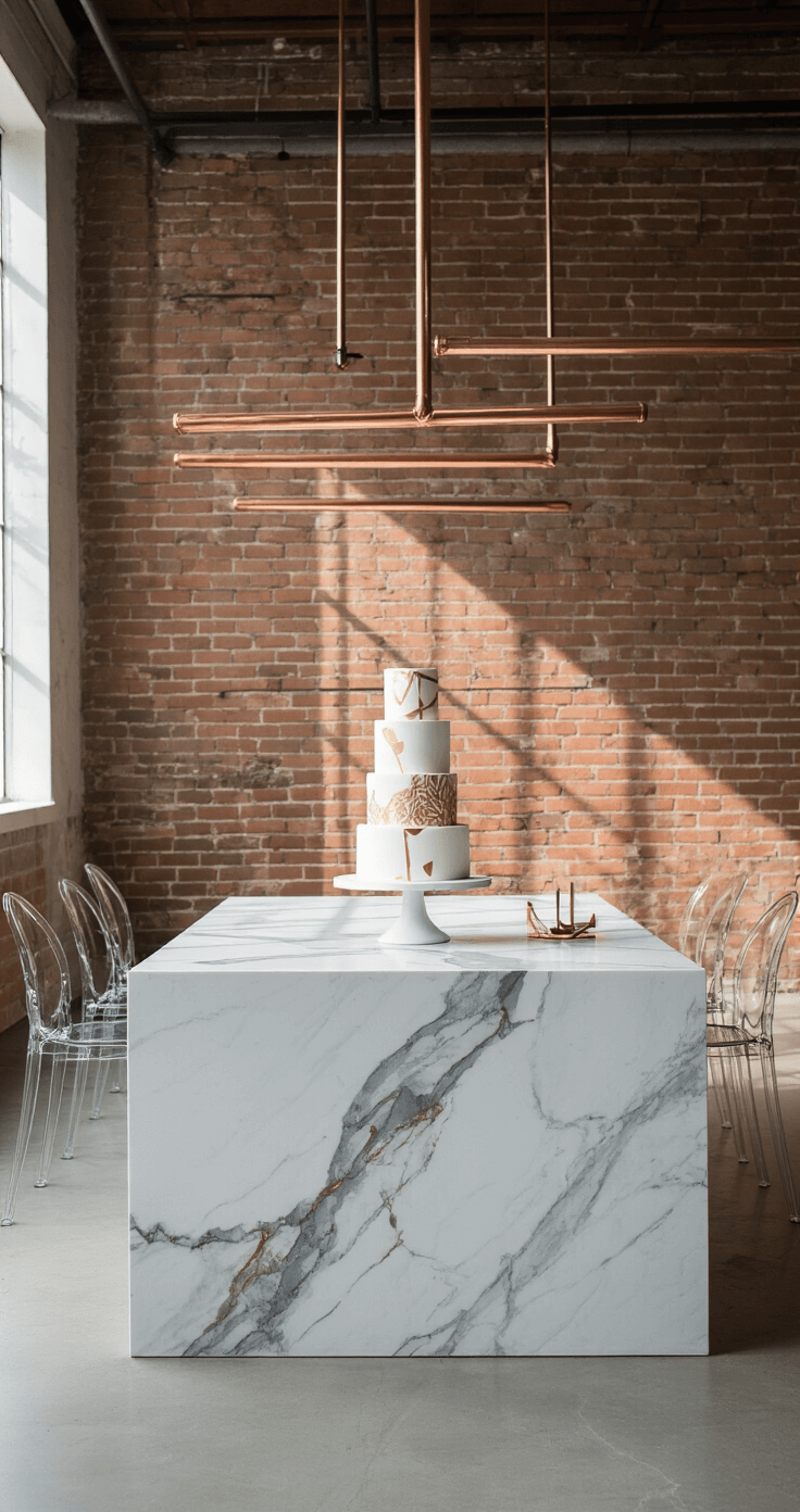 A modern industrial loft featuring afternoon light casting geometric shadows on a sleek marble-topped island with a chic marble fondant cake adorned with gold accents, set against an exposed brick backdrop with a copper pipe installation and minimalist cake stands. Ghost chairs and metallic elements enhance the contemporary aesthetic.