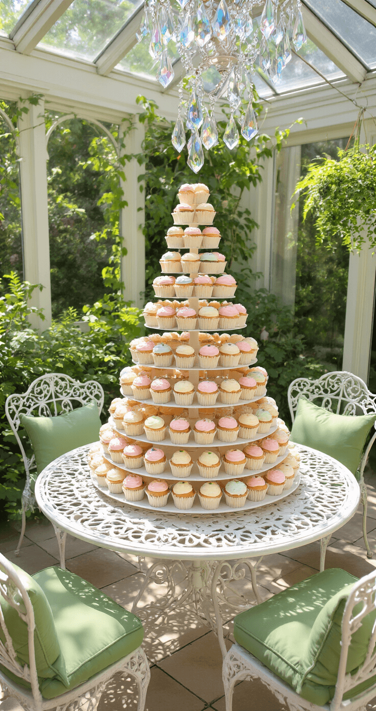 Aerial view of a sunlit garden conservatory featuring a spiral cupcake tower adorned with 60 pastel-frosted treats, surrounded by Victorian-style white iron furniture with sage green cushions, antique brass accents, and sparkling crystal prisms casting rainbow reflections from the glass ceiling.