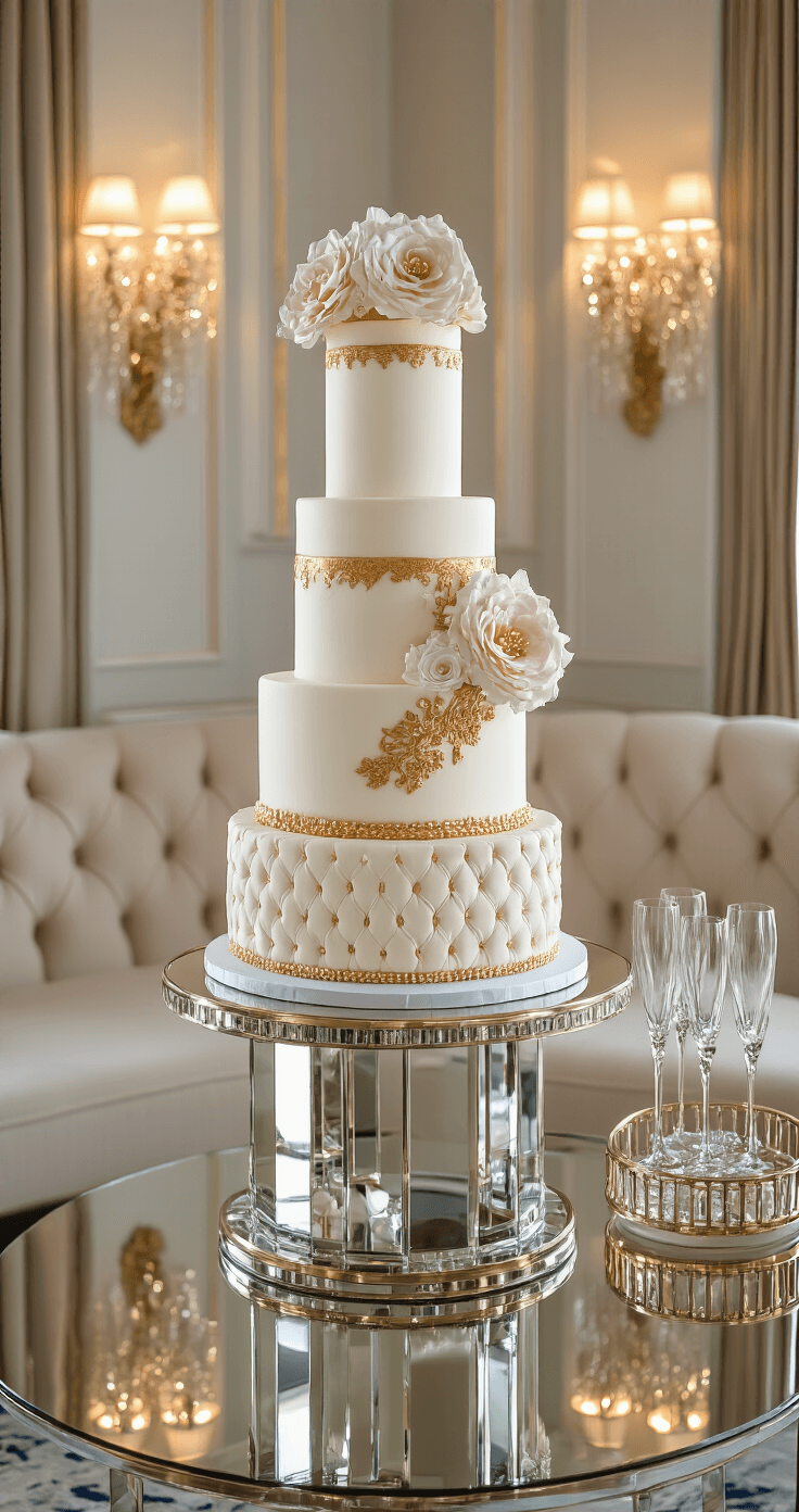 Luxurious hotel suite sitting room featuring tufted velvet seating and an elaborate fondant-covered cake displayed on a mirrored art deco pedestal, adorned with hand-painted gold details and sugar flowers, surrounded by crystal sconces providing warm lighting, a champagne cart with flutes nearby, captured from a low angle to emphasize the cake's grandeur, in a color palette of white, gold, blush, and deep navy accents.