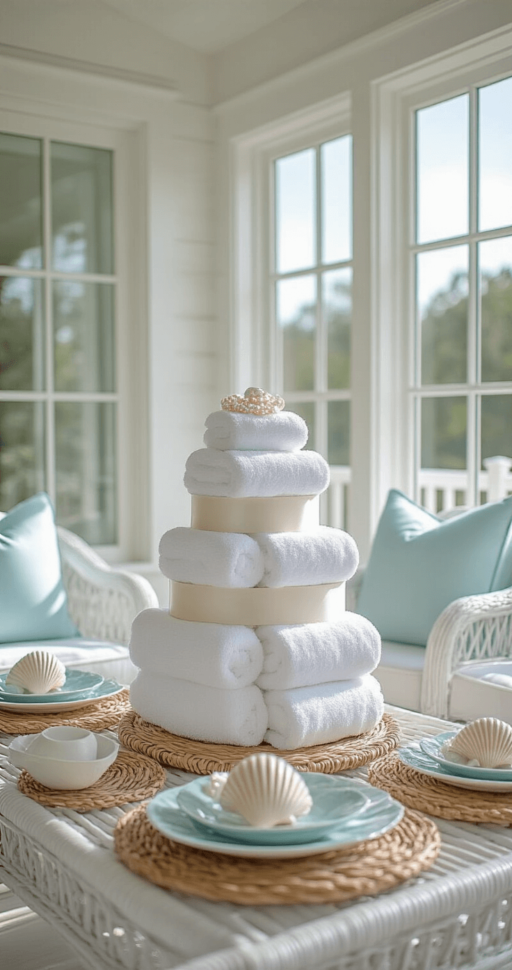 A bright coastal sunroom featuring white-painted bamboo furniture and a whimsical towel cake made of plush white cotton towels, arranged in tiers with satin ribbons and artificial pearls. Rattan chargers and shell accents enhance the seaside theme, illuminated by mid-morning light in a color palette of crisp white, sea glass blue, and sand beige.