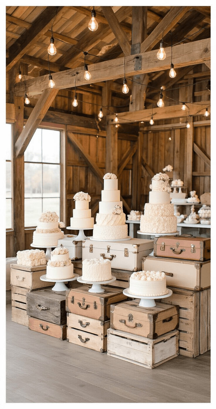 A rustic barn dessert nook featuring exposed wooden beams, multiple cake displays on vintage suitcases and wooden crates, showcasing various buttercream textures in ivory, champagne, and dusty rose tones, illuminated by warm Edison bulb string lights, captured from a 3/4 angle for depth.