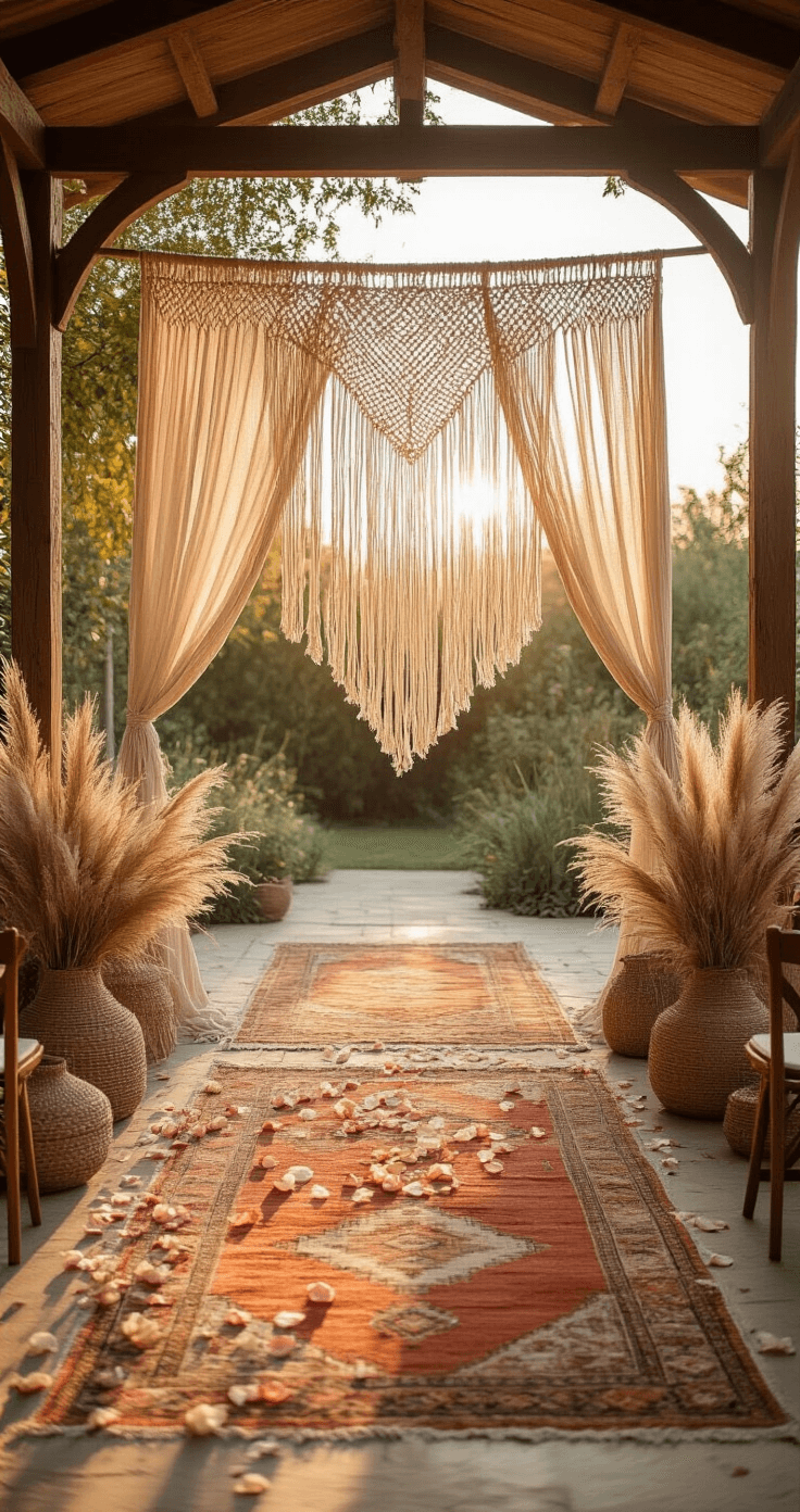 A dreamy outdoor garden pavilion at golden hour featuring a tall macramé backdrop, scattered vintage rugs, and framed by pampas grass and palm fronds, with sunlight filtering through and rose petals in the foreground.