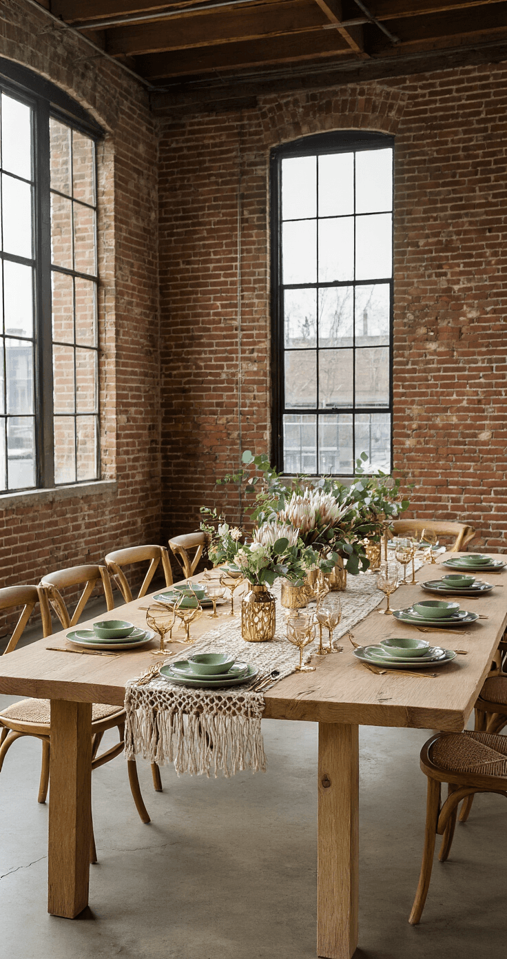 Modern boho reception table in an industrial warehouse with exposed brick walls, featuring a raw oak communal table adorned with geometric brass centerpieces, handmade ceramic plates in sage green and cream, and gold-rimmed vintage glassware, complemented by a minimalist macramé runner, all illuminated by dramatic afternoon light streaming through large windows.