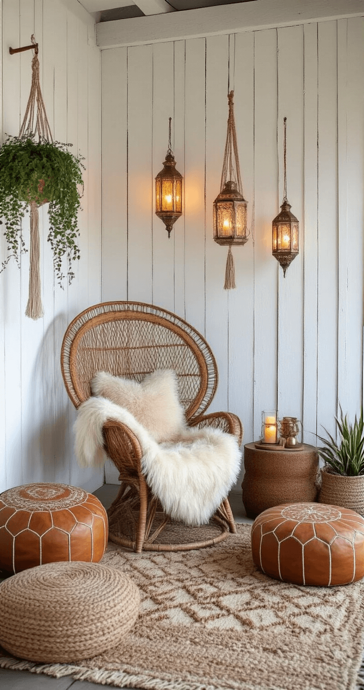 Intimate rustic boho lounge area featuring a low-slung rattan peacock chair with a sheepskin throw, vintage Moroccan poufs, layered geometric rugs, clusters of brass lanterns, and macramé plant hangers, captured during blue hour with warm artificial and fading natural light against a whitewashed barn wall.