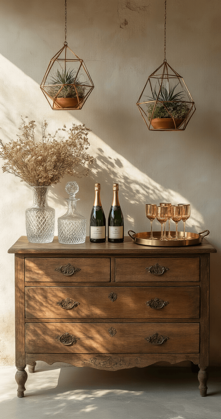 Chic boho bar setup featuring a vintage wood dresser against a textured stucco wall, adorned with crystal decanters, velvet ribbon-wrapped champagne bottles, gold-rimmed coupe glasses, and dried flower arrangements, accented by hanging copper geometric terrariums with air plants.