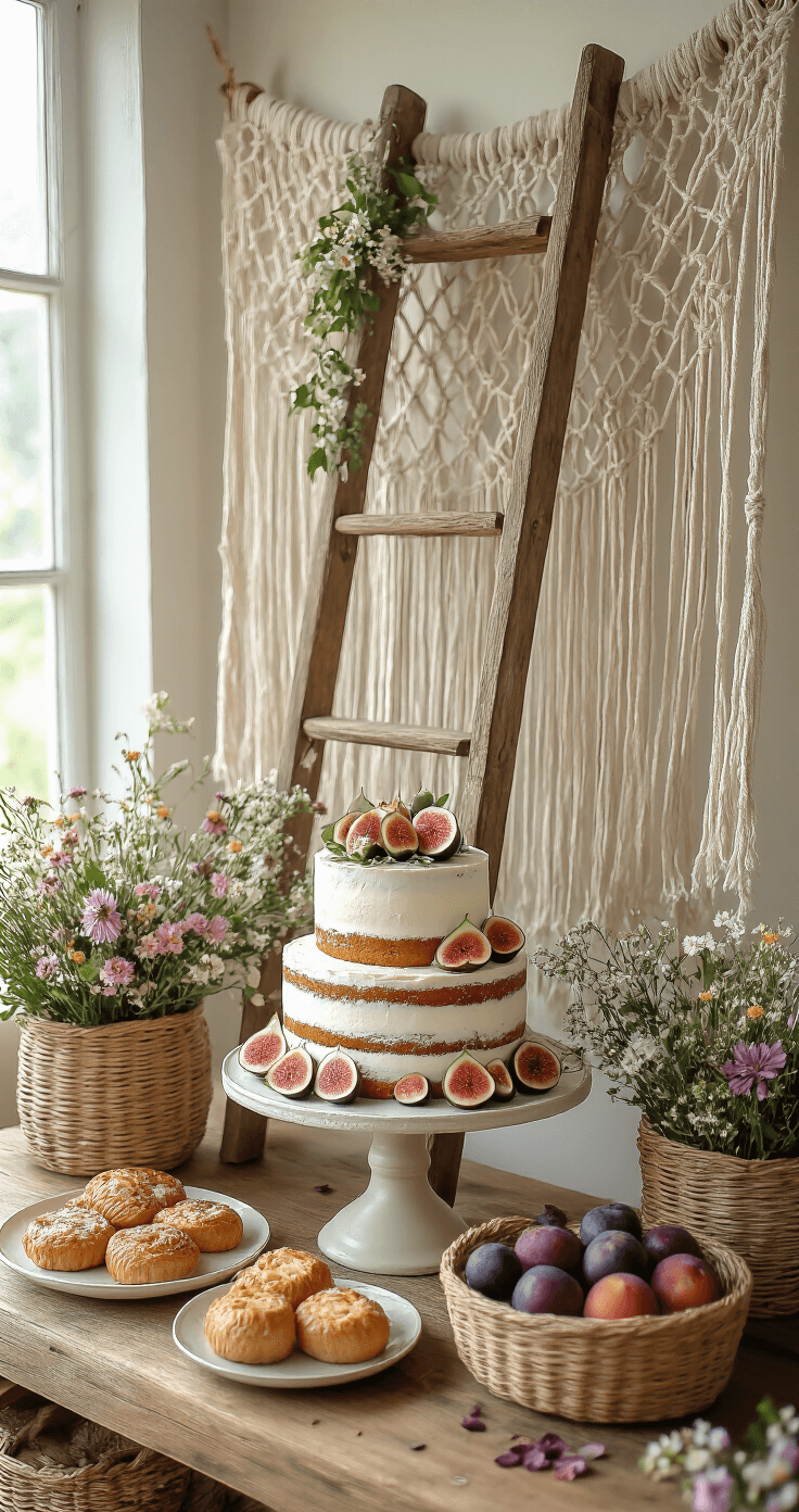 A boho dessert display featuring an 8ft reclaimed wooden ladder-shelf against a macramé backdrop, showcasing a naked cake adorned with fresh figs and wildflowers on a ceramic stand, mismatched vintage plates with artisanal pastries, woven baskets of fresh fruits, and honey-toned wooden surfaces scattered with dried petals, shot from a low angle in natural window light.