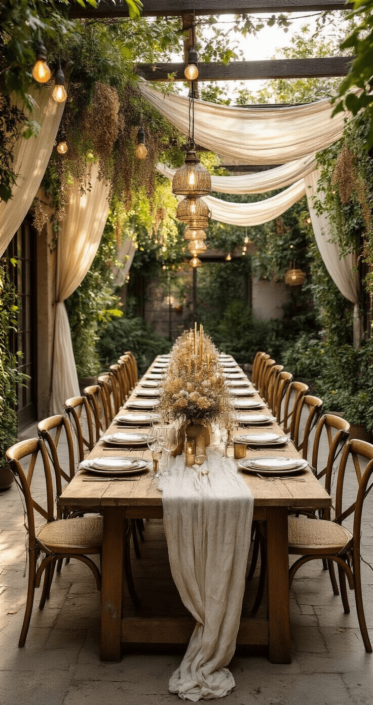 A beautifully arranged outdoor dining scene in a 30x40ft courtyard featuring long farm tables in a U-shape, adorned with gauzy runners and brass candlesticks, surrounded by vintage mix-matched chairs in muted earth tones, with bistro lights overhead and an installation of dried flowers and pendant lights, all bathed in golden light during magic hour.