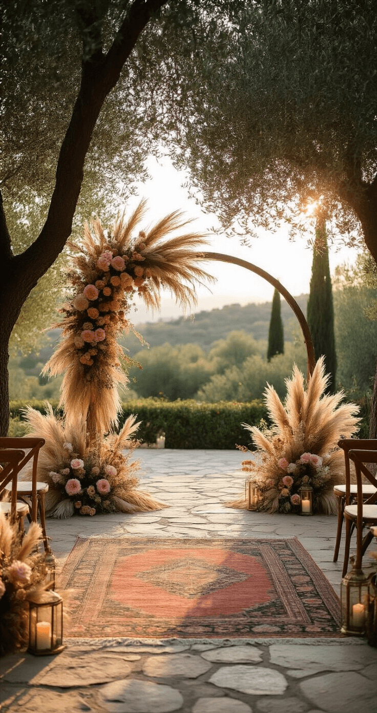 An intimate boho ceremony altar in a natural stone courtyard, framed by ancient olive trees, featuring an asymmetrical floral arch of pampas grass, protea, and wild roses in dusty pink and sage, with a vintage oriental rug, scattered brass lanterns, and pillar candles, captured from a guest's perspective, backlit by the setting sun for a silhouetted effect.