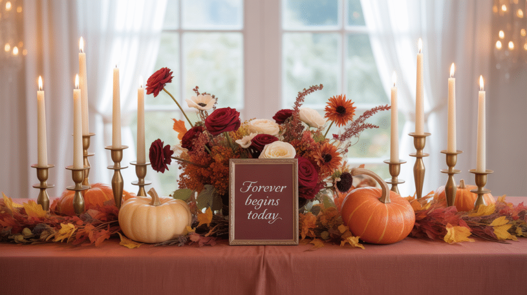a cozy, beautifully decorated fall wedding table with candles, pumpkins, and elegant floral arrangements