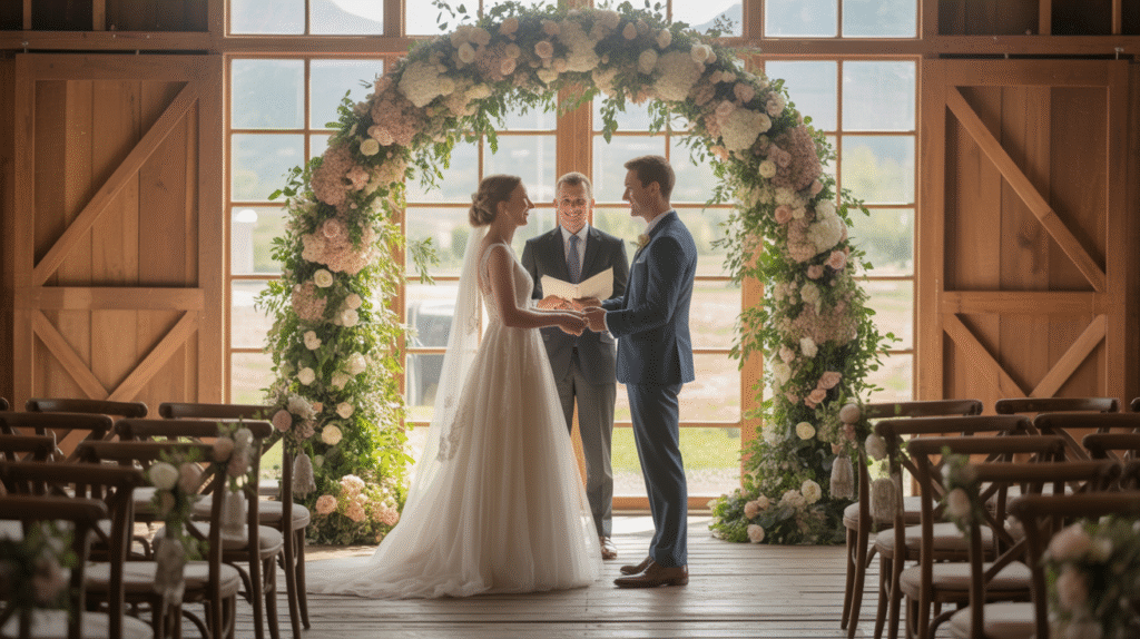 wedding ceremony inside a barn