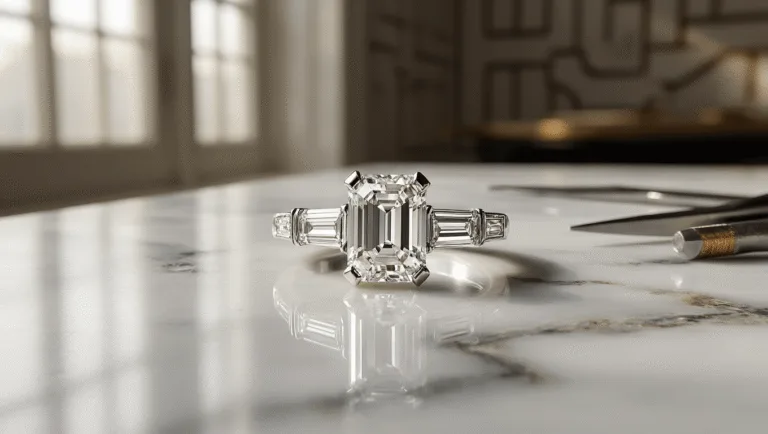 A photorealistic image of a baguette diamond engagement ring on white marble, featuring a platinum band and dramatic Art Deco-inspired setting, with soft natural lighting and master jeweler's tools in the background.