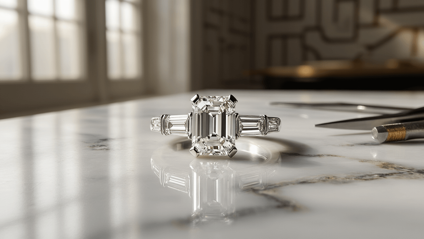 A photorealistic image of a baguette diamond engagement ring on white marble, featuring a platinum band and dramatic Art Deco-inspired setting, with soft natural lighting and master jeweler's tools in the background.