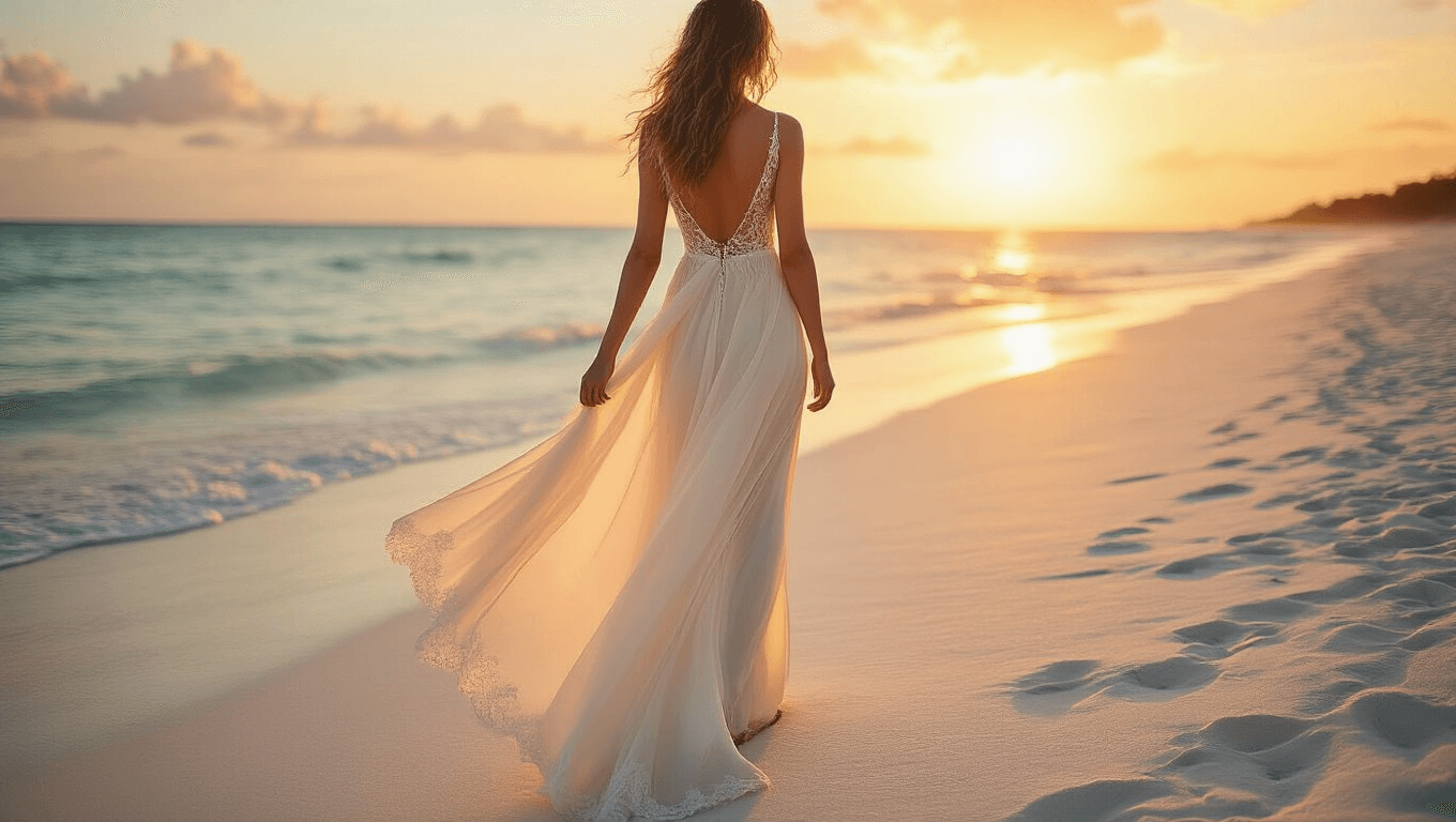 Bride in flowing silk chiffon A-line dress walking barefoot on a serene beach at sunset, with golden light illuminating her and creating a dreamy silhouette against the ocean.